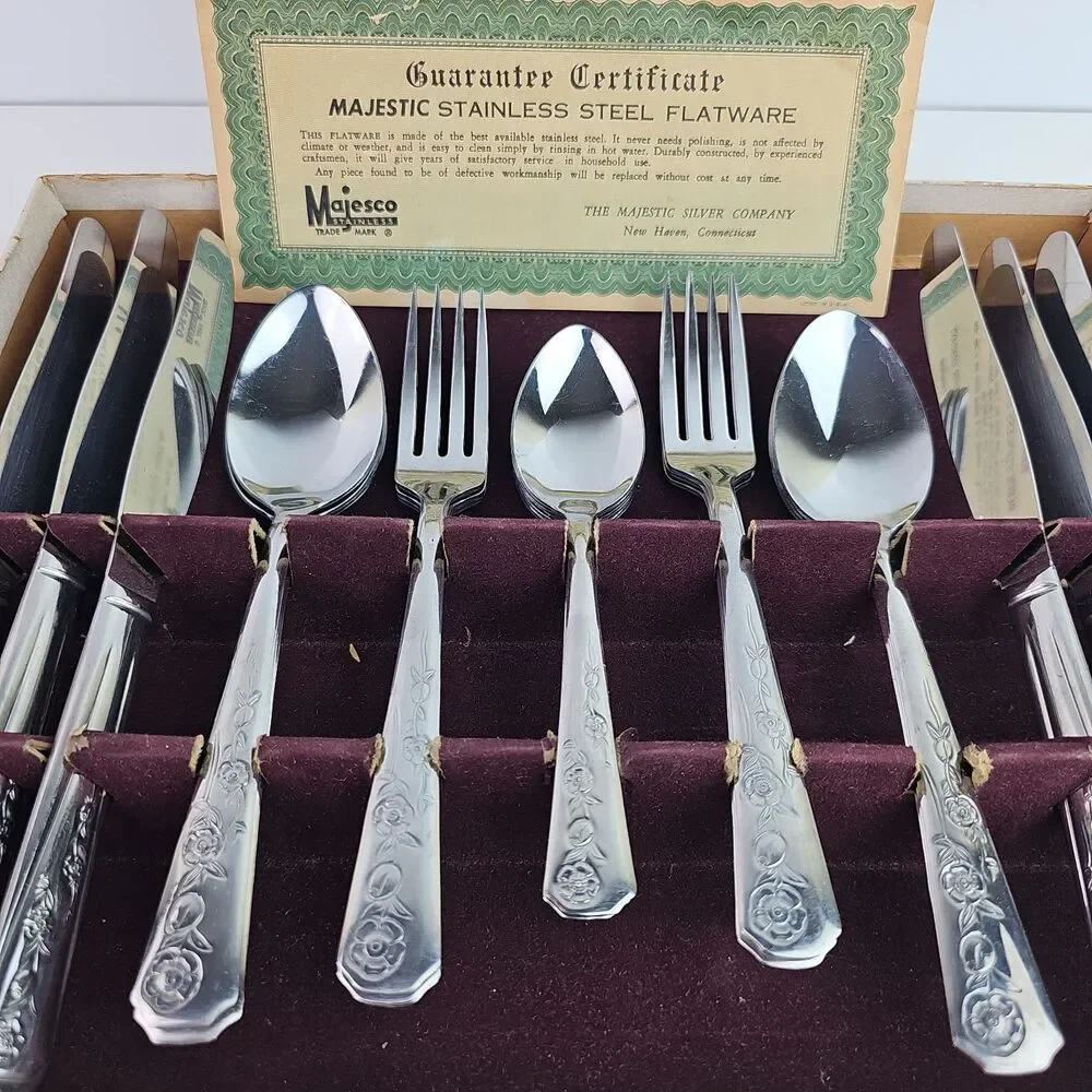 1950s Stainless Flatware Service For 6 By Majestic With Box Floral Pattern